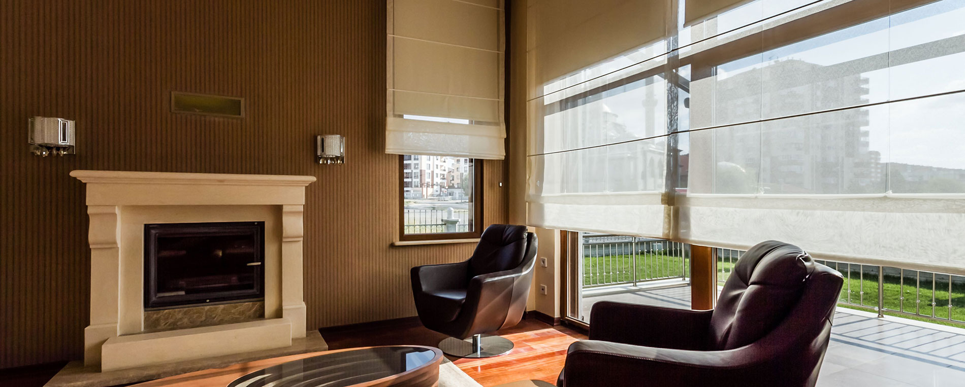 A view at a classic living room with Roman window shades